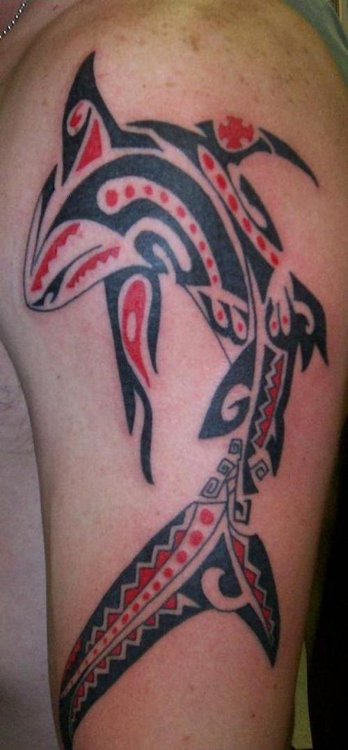 Tribal Aqua Fish Tattoo On Left Half Sleeve