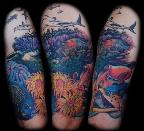 Colored Sea Creatures Aqua Tattoos Design
