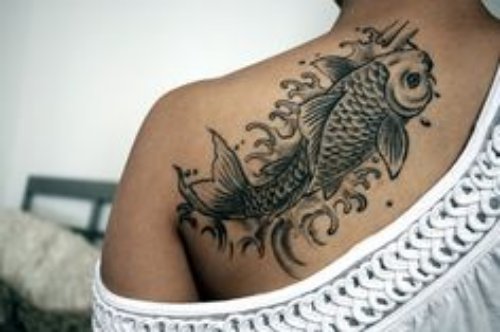 Grey Ink Fish Aqua Tattoo On Left Back Shoulder