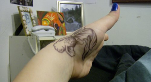Grey Ink Aqua Tattoo On Left Hand