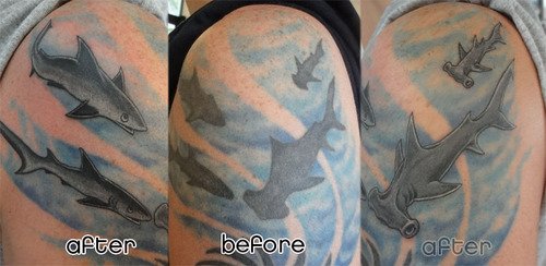Awesome Grey Ink Aqua Tattoo On Shoulder