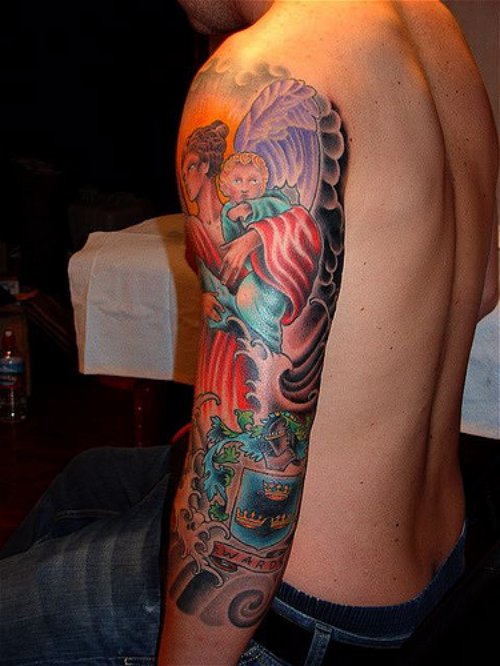 Color Ink Aqua Tattoo On Man Left Sleeve