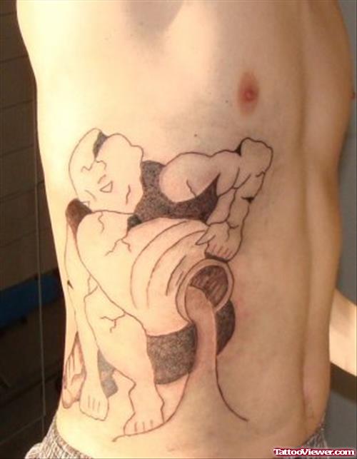 Grey Ink Side Rib Aquarius Tattoo For Men