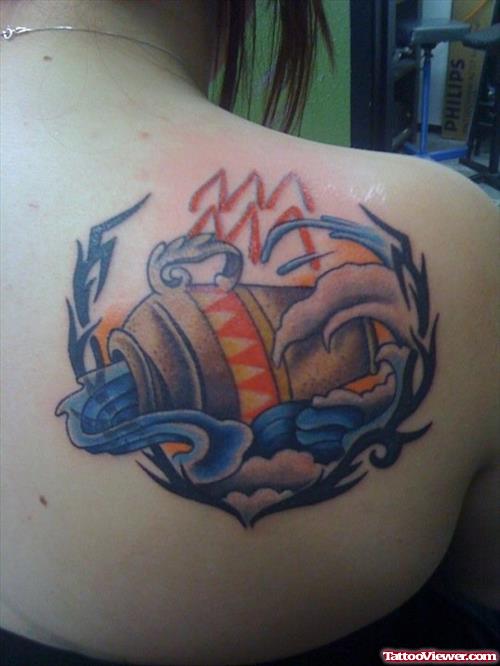 Colored Aquarius Tattoo On Right Back SHoulder