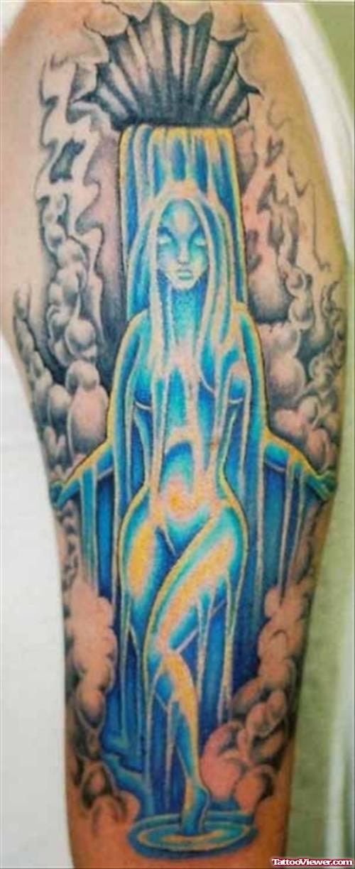Blue Water Aquarius Tattoo On Sleeve