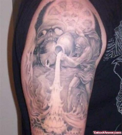Grey Ink Aquarius Tattoo On Half Sleeve