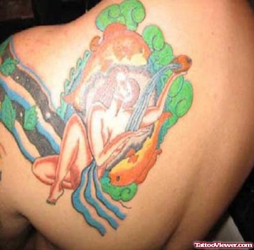 Colored Aquarius Tattoo On Left Back Shoulder