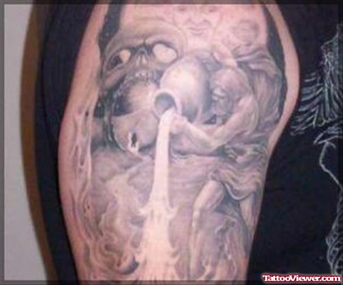 Special Grey Ink Aquarius Tattoo On Half Sleeve