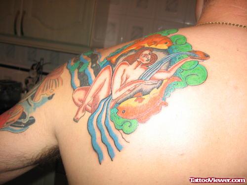 Amazing Colored Aquarius Tattoo On Back Shoulder