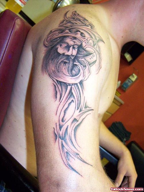 Grey Ink Aquarius Tribal Tattoo On Right Half Sleeve