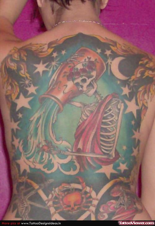 Colored Aquarius Tattoo On Girl Back Body