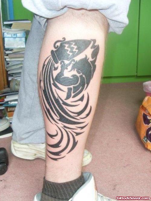 Black Ink Aquarius Tattoo On Girl Left Half Sleeve