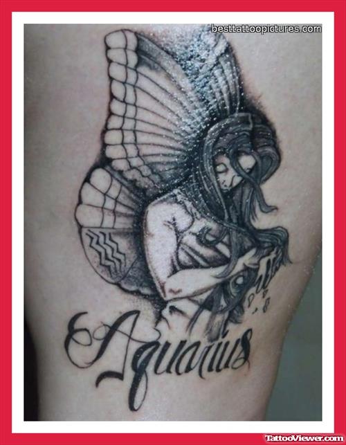 Grey Ink Faity Girl Aquarius Tattoo