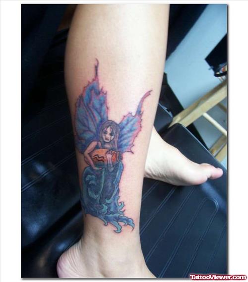 Fairy Aquarius Tattoo On Right Leg