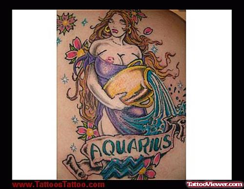 Colored Flowers And Aquarius Tattoo
