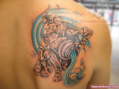 Aquarius Zodiac Tattoo On Back Shoulder