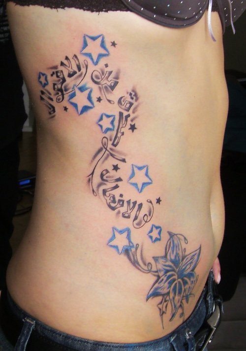 Stars And Flower Arabic Tattoo On Side