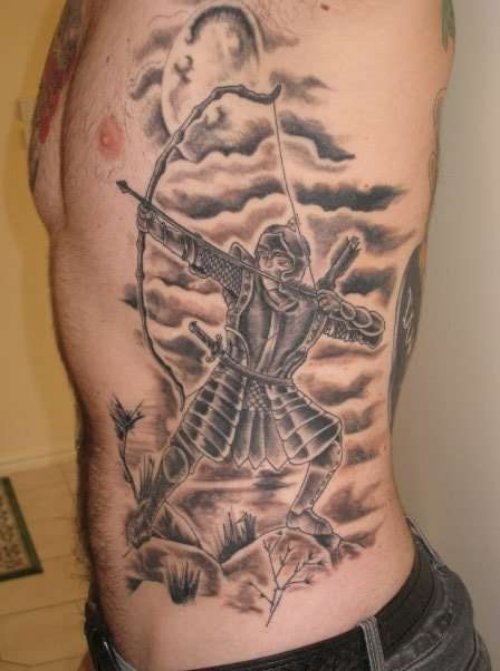 Grey Ink Archer Tattoo On Left Side Rib
