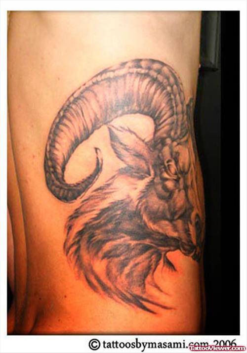 Grey Ink Aries Zodiac Goat Head Tattoo