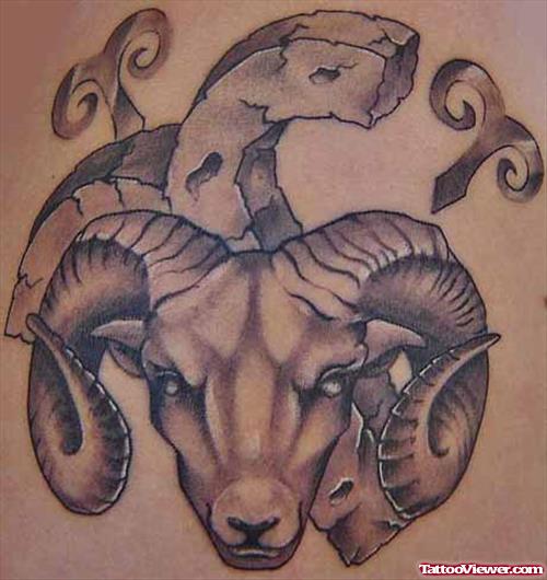 Grey Ink Goat Head And Aries Zodiac Tattoo