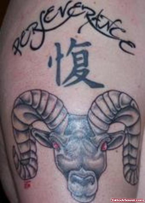 Kanji Symbol And Goat Head Aries Tattoo