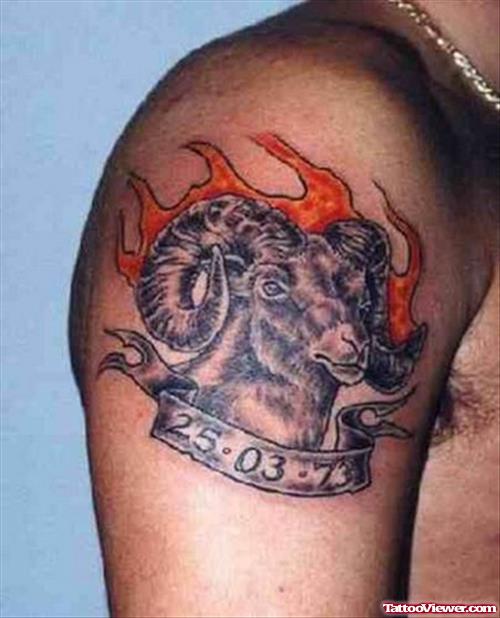 Flaming Goat Head Aries Tattoo On Right Shoulder