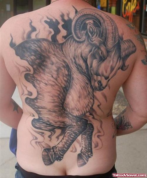 Awesome Grey Ink Goat Head Aries Tattoo On Back