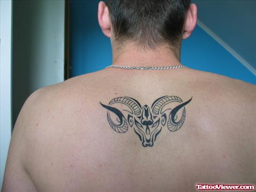 Tribal Aries Zodiac Tattoo On Upperback