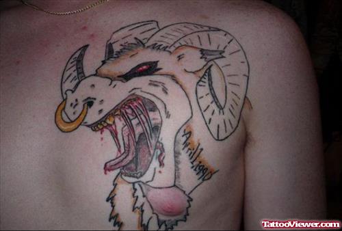 Amazing Goat Head Aries Tattoo On Man Chest