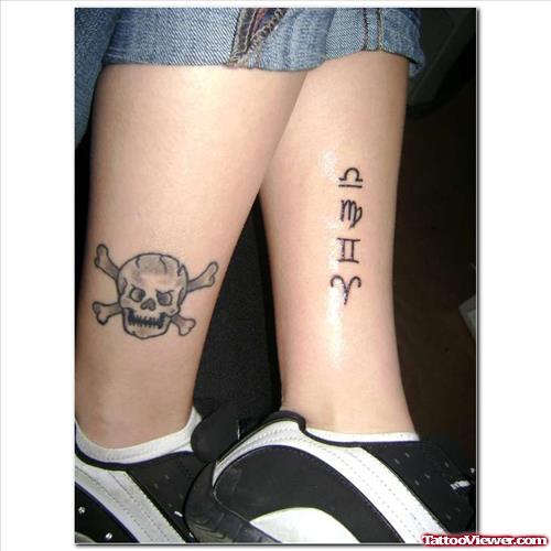 Grey Ink Pirate Skull And Zodiac Libra, Gemini And Aries Sign Tattoo On Leg
