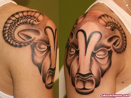 Grey Ink Goat Head Aries Shoulder Tattoo