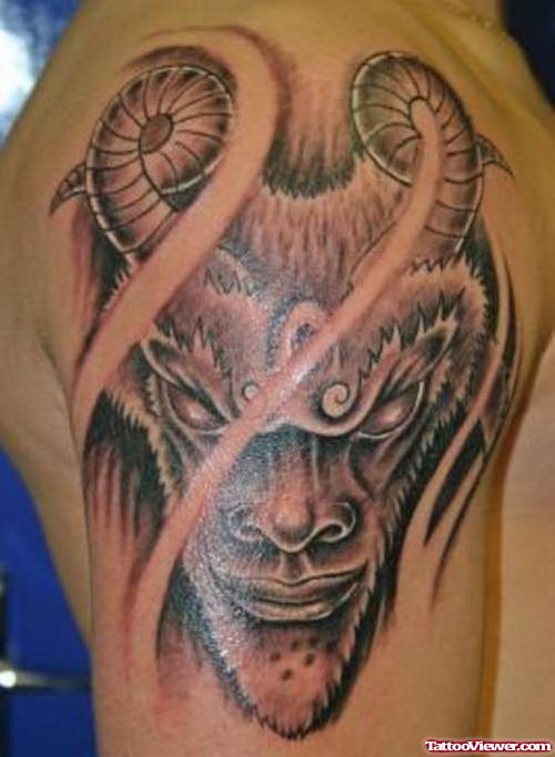 Amazing Grey Ink Goat Head Aries Tattoo