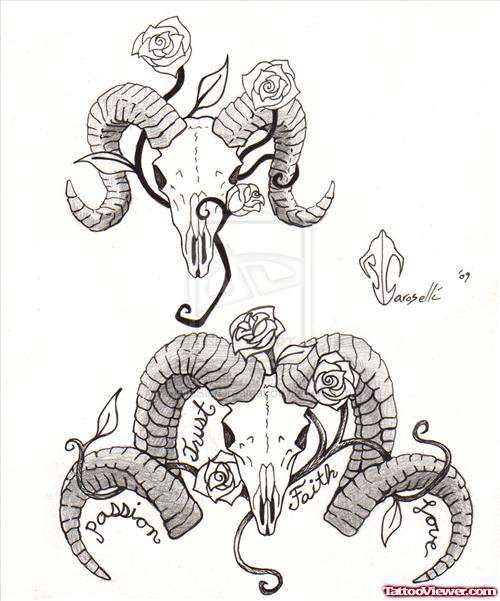 Rose Flowers And Aries Skull Tattoo Design