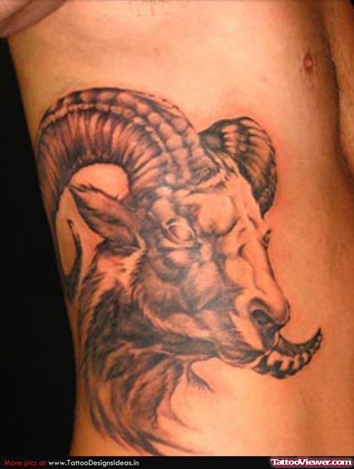 Man Rib Side Goat Head Aries Tattoo