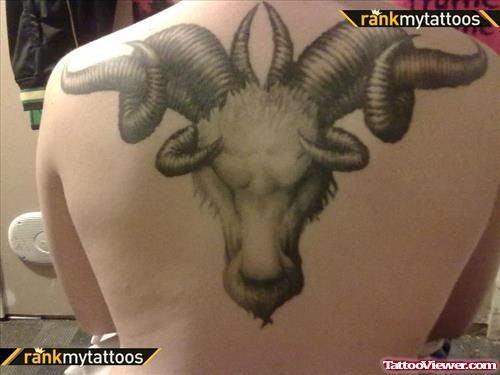 Grey Ink Goat Head Aries Tattoo On Back Body