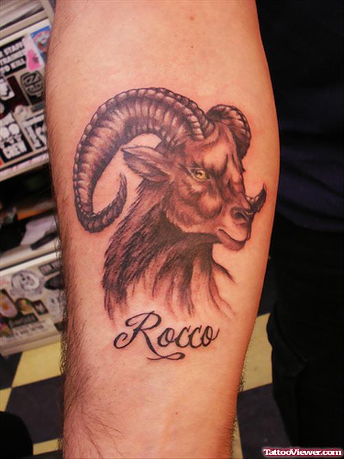 Grey Ink Goat Head Aries Arm Tattoo