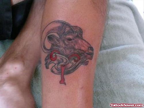Goat Head And Red Aries zodiac Tattoo