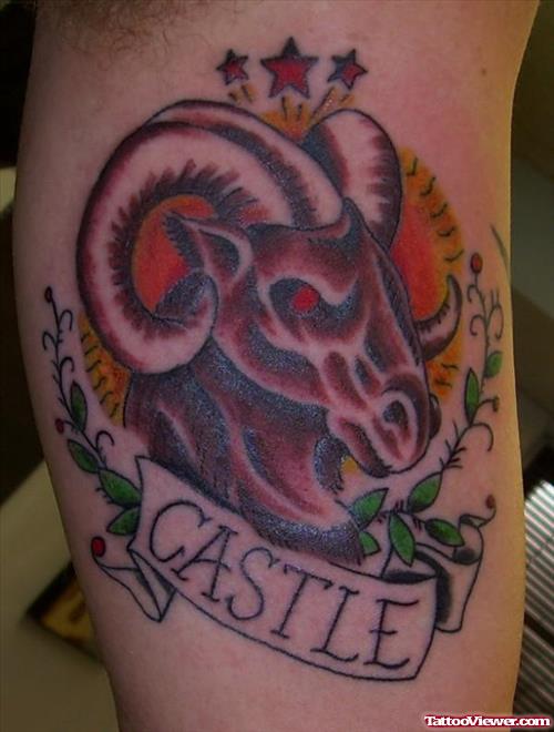 Castle Banner And Goat Head Aries Tattoo