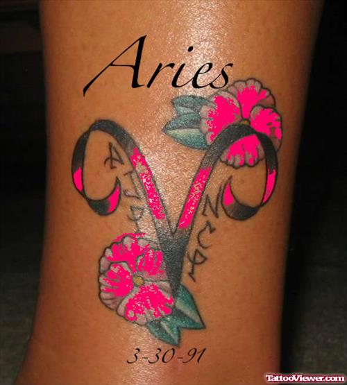 Grey Flowers And Memorial Aries Zodiac Tattoo