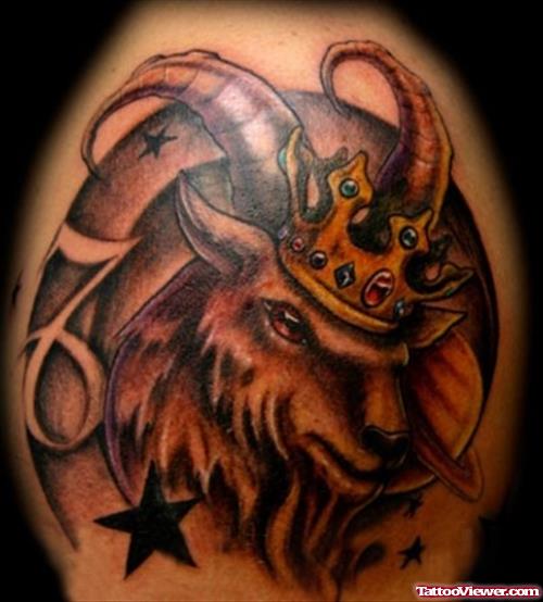 star And Goat Head Aries Tattoo On Shoulder