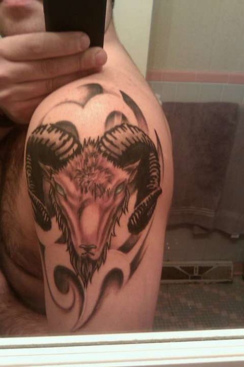 Grey Ink Goat Head And Tribal Aries Tattoo On Left Half Sleeve