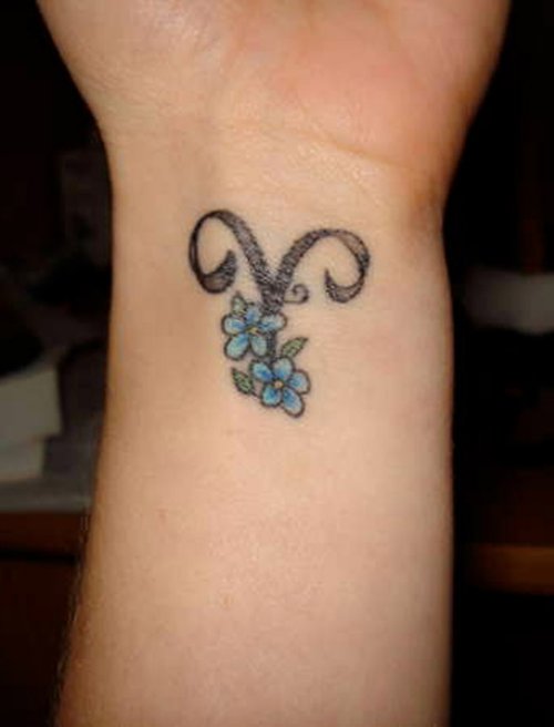 Blue Flowers And Aries Tattoo On Wrist