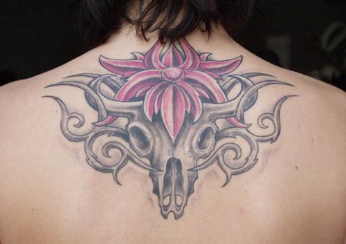 Grey Ink Goat Skull Aries Tattoo On Back