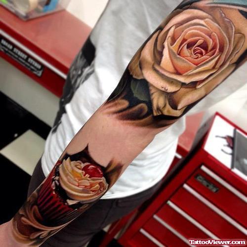 Pink Rose Flower Tattoos On Arm