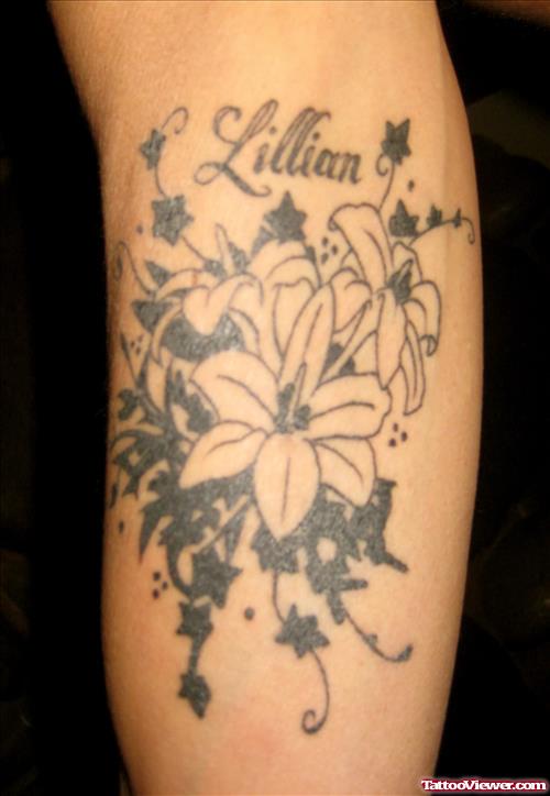 Grey Ink Flowers Tattoos On Arm