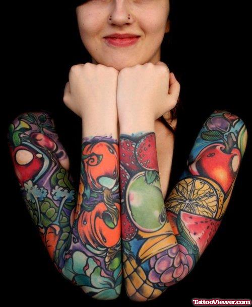 Colored Tattoos On Girl Both Arms