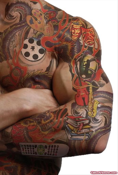 Awesome Colored Geek Left Arm Tattoo For Men