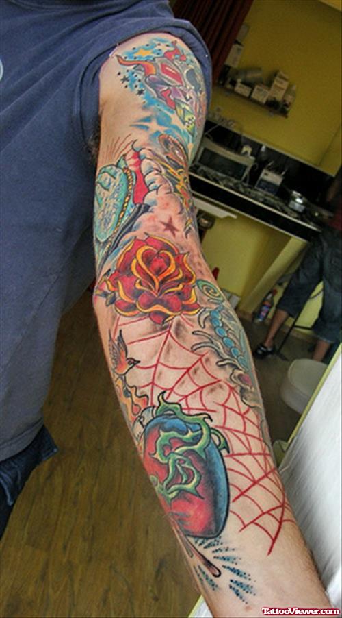 Rose Flower And Spider Web Left Arm Tattoo