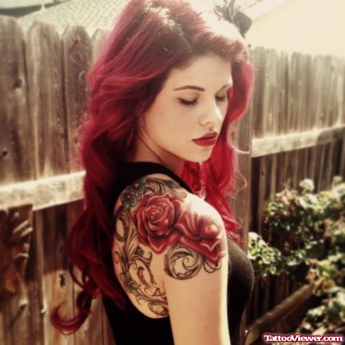 Red Flowers Tattoos On Right Arm