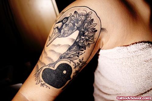 Grey Flowers and Black Heart Arm Tattoo